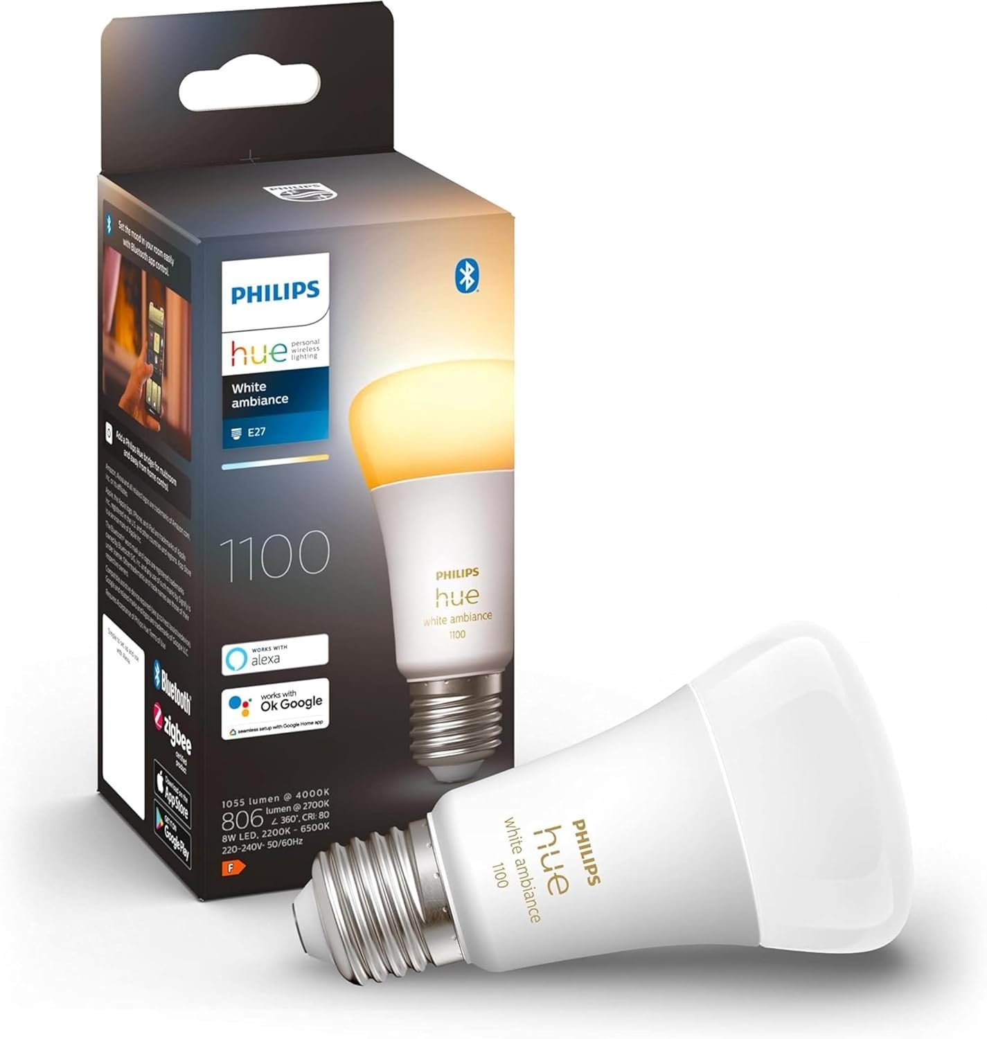 Philips Hue NEW White Ambiance Smart Light Bulb 75W – 1100 Lumen [E27 Edison Screw] With Bluetooth. Works with Alexa, Google Assistant and Apple Homekit