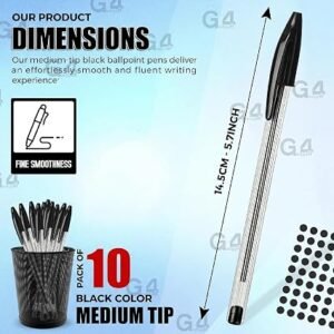 G4GADGET Premium Pack of 10 Black Biro Ballpoint Pens - Medium Tip for Fluent, Smooth Writing - Professional Quality Pens for Home, Office, and School Use - Long-Lasting Ink and Ergonomic Design